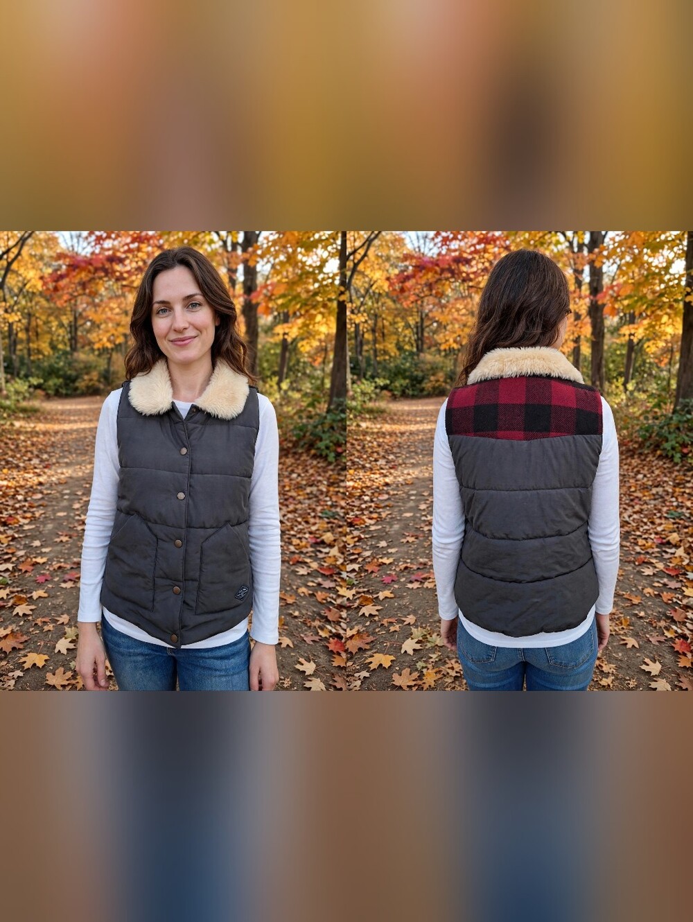 Only Quilted Grey Lined Puff Vest-Faux Fur Collar-Red Plaid Back. Ladies Medium